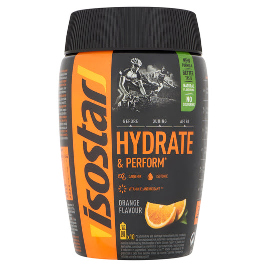 Isostar Hydrate & Perform orange drink powder in a 400g container, designed for hydration and performance.