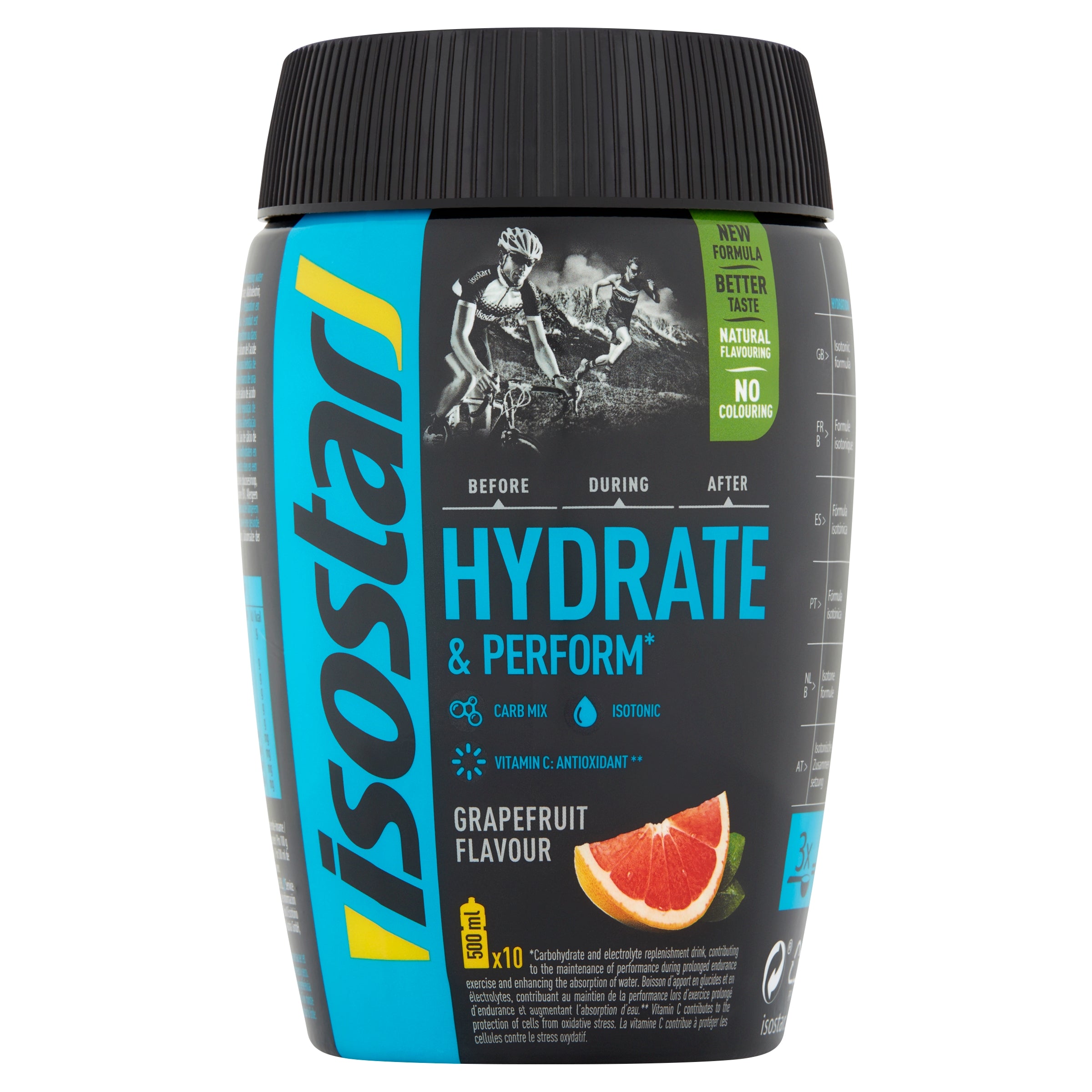 Isostar Hydrate & Perform grapefruit flavored sports drink powder in a 400g container, ready for mixing and hydration.