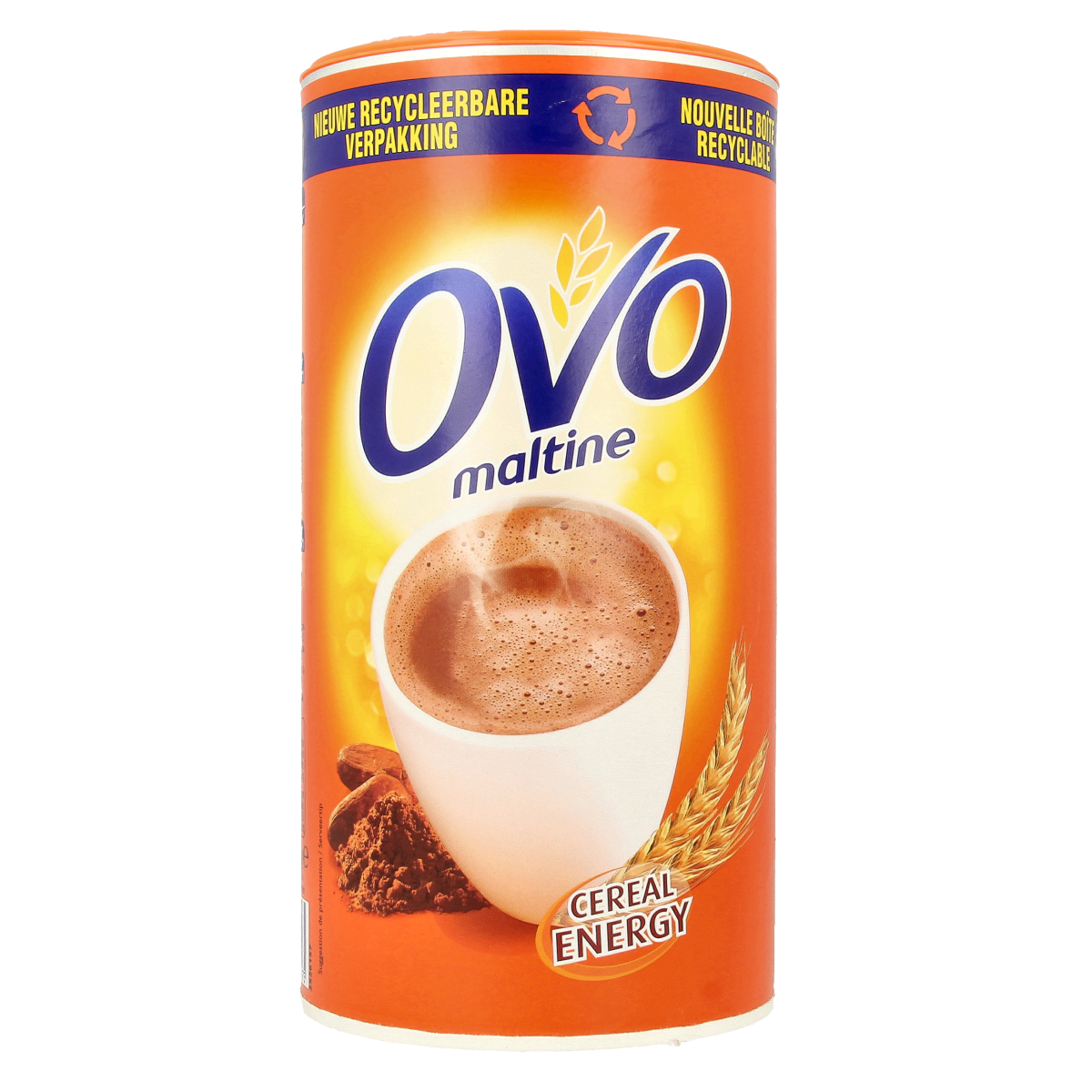 Ovomaltine instant drink powder in 650g tin, Ovomaltine brand, shown in a container with a scoop for making malt beverages.