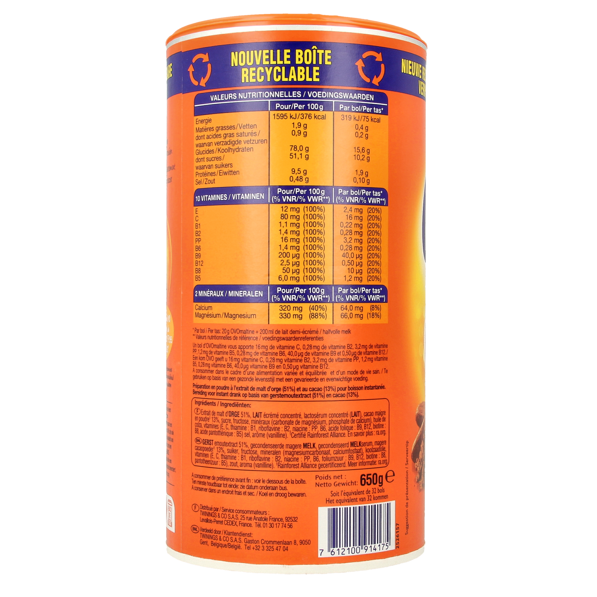 Ovomaltine instant drink powder 650g jar, showing the product label and packaging for Ovomaltine drinks and juices.