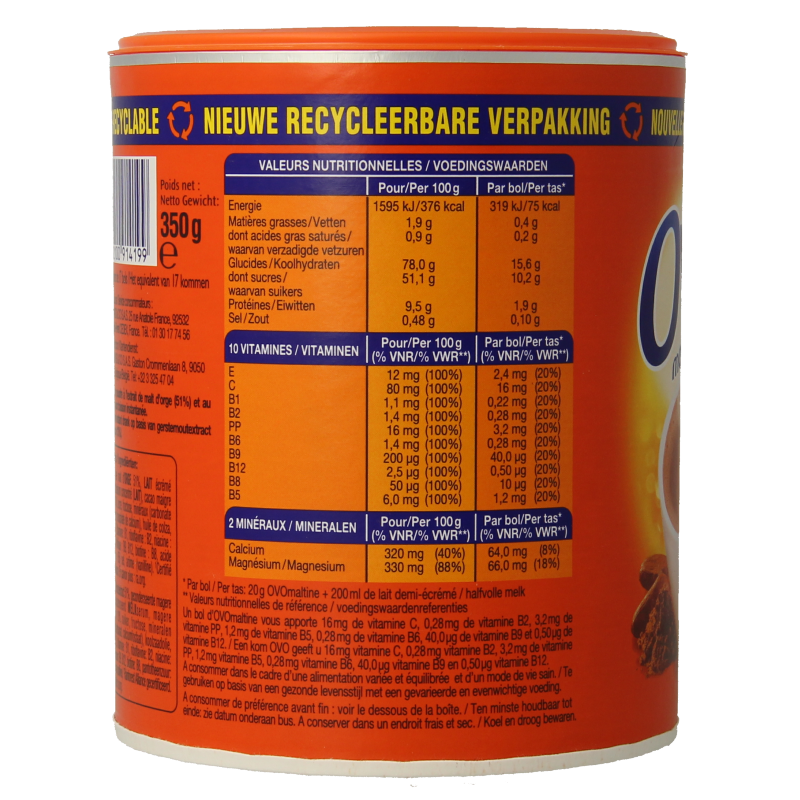 Ovomaltine powder in a 350 gram package, a popular drink mix for smoothies and hot beverages, by Ovomaltine.