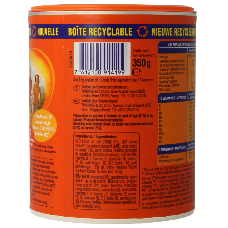 Ovomaltine powder 350g jar for drinks, showing the brand label on a white container with a scoop of powder beside it.