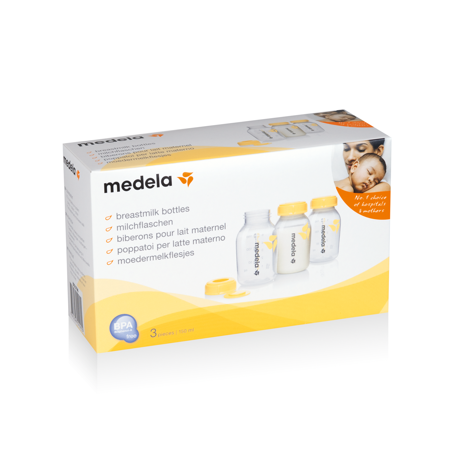 Medela trio set of three 150ml baby bottles with nipples, made for feeding and milk storage.
