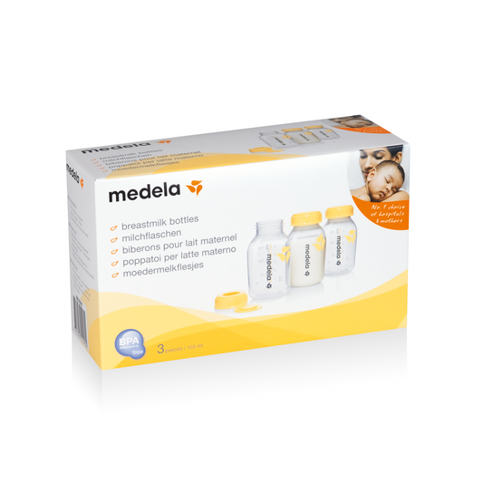 Medela trio set of three 150ml baby bottles with nipples, made for feeding and milk storage.