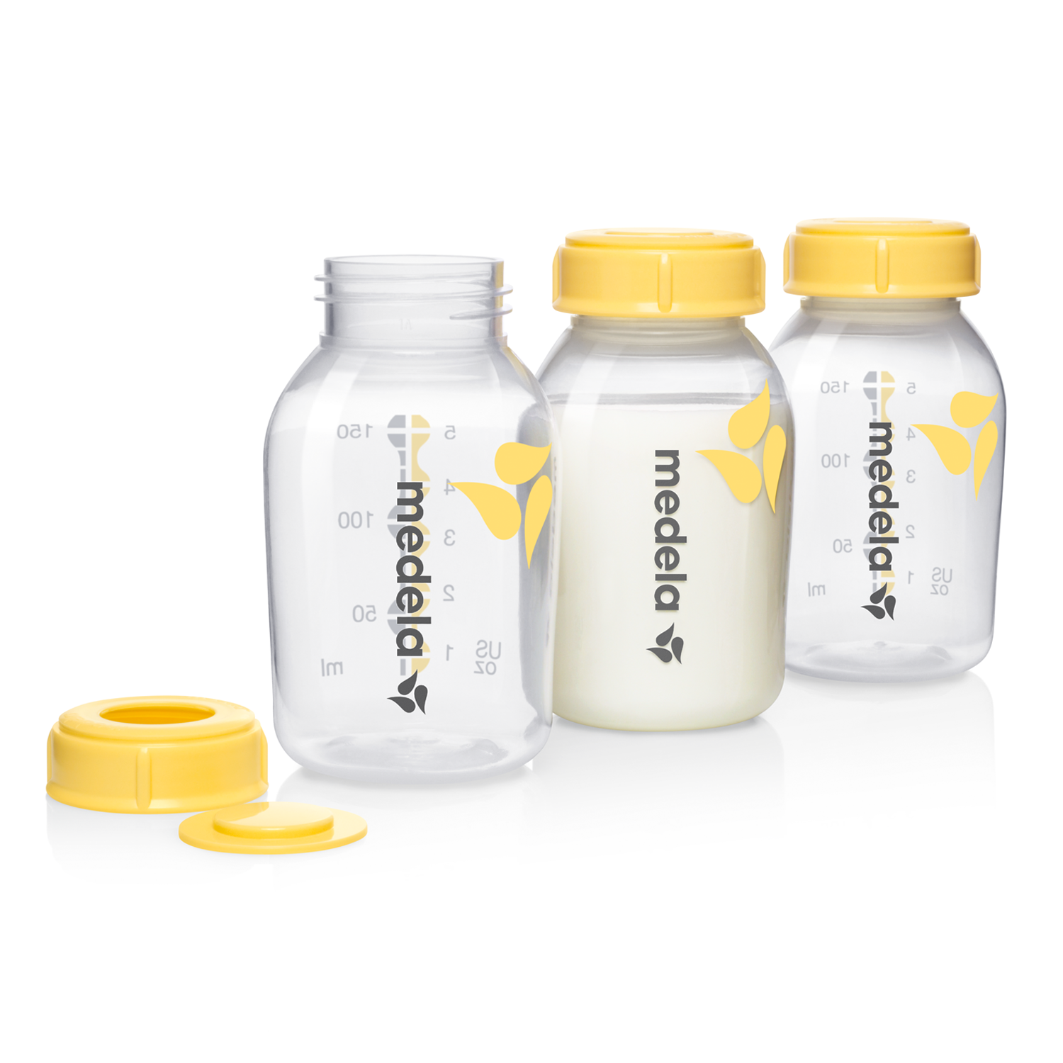 Medela Melkflesjes trioset, 150ml baby bottles with nipples, three pieces in the set, designed for feeding infants.