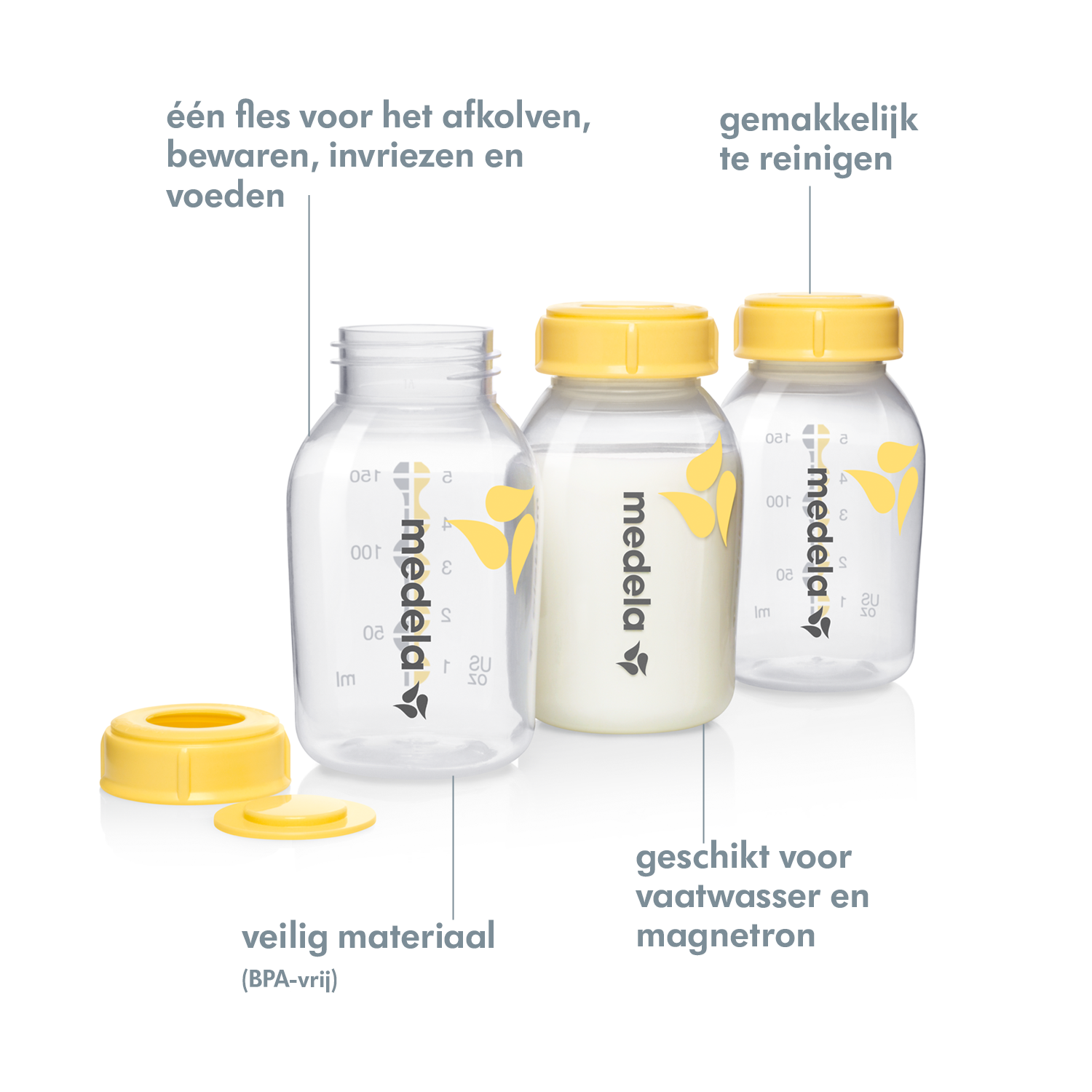 Medela Melkflesjes trioset, 150ml baby bottles with caps, set of 3, designed for feeding and milk storage.