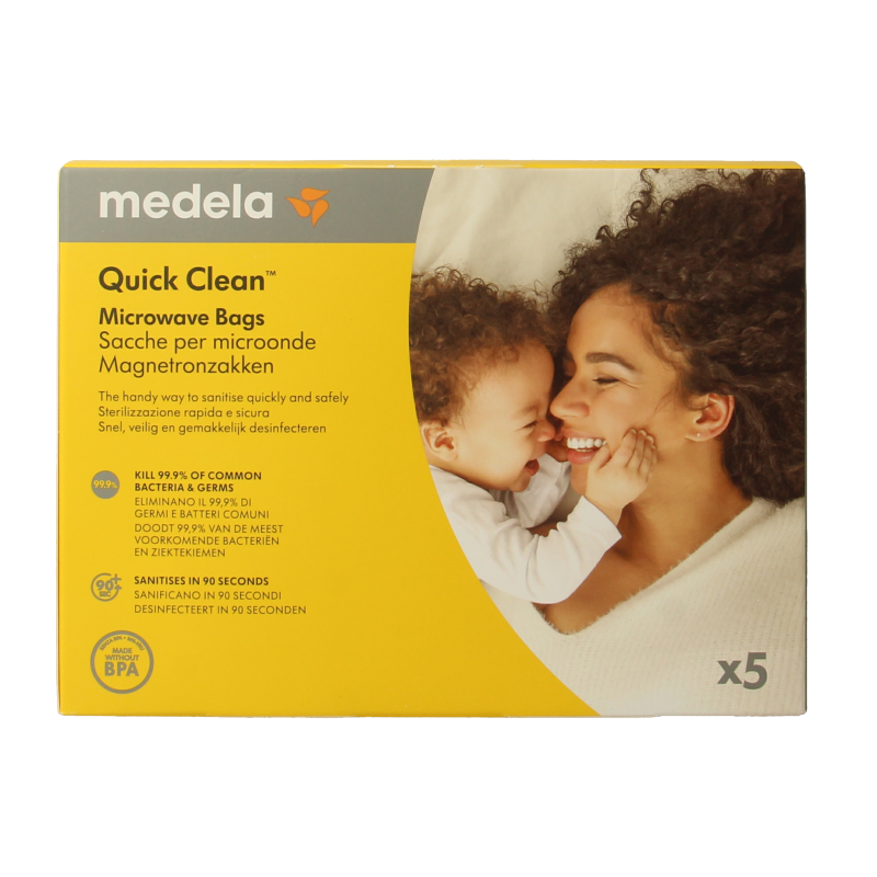 Medela Quick Clean magnetronsterilisatiezakken voor flessen en spenen, 5 stuks, eenvoudig en snel steriliseren.