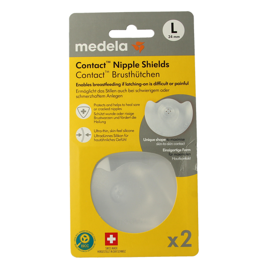 Medela Contact tepelhoedjes maat L, kraamtijd, pair of breastfeeding nipple shields, designed for comfortable feeding.