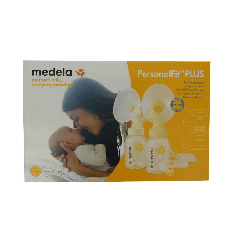 Medela Symphony double breast pump set in size S, designed for postpartum use, with components and accessories visible in the image.