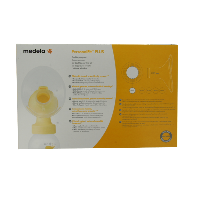 Medela Symphony double breastfeeding pump set in size S, designed for postpartum use, with detailed view of the pump components.