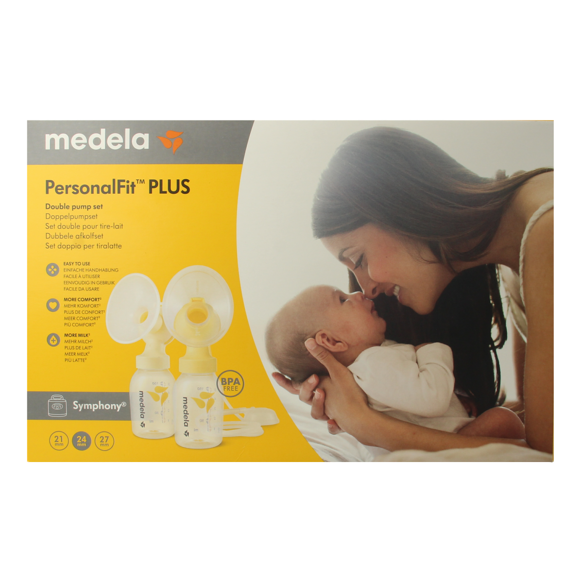 Medela Symphony double breast pump set size M for postpartum use, with milk collection bottles and accessories.