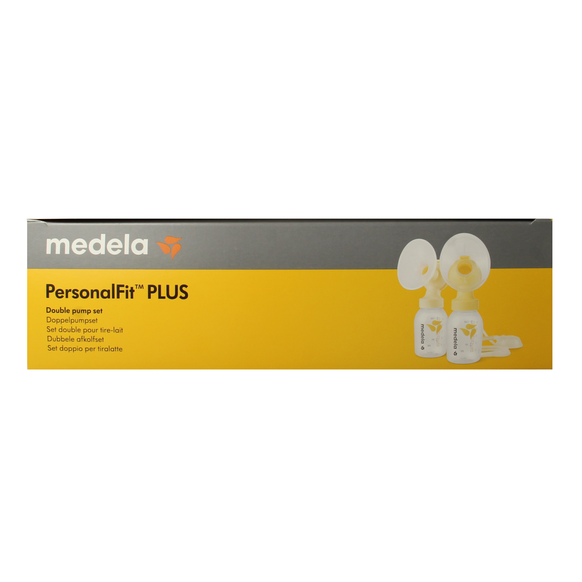 Medela Symphony double breast pump set size M, for postpartum milk expression, featuring two breast shields and tubing.