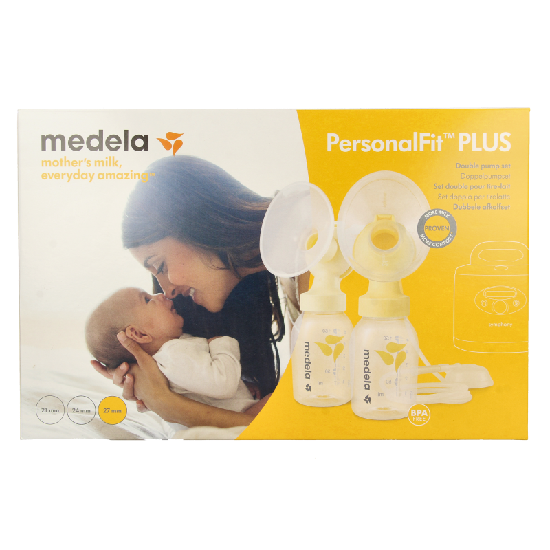 Medela Symphony double breast pump kit for postpartum use, featuring two milk collection sets, in a clean, clinical setting.