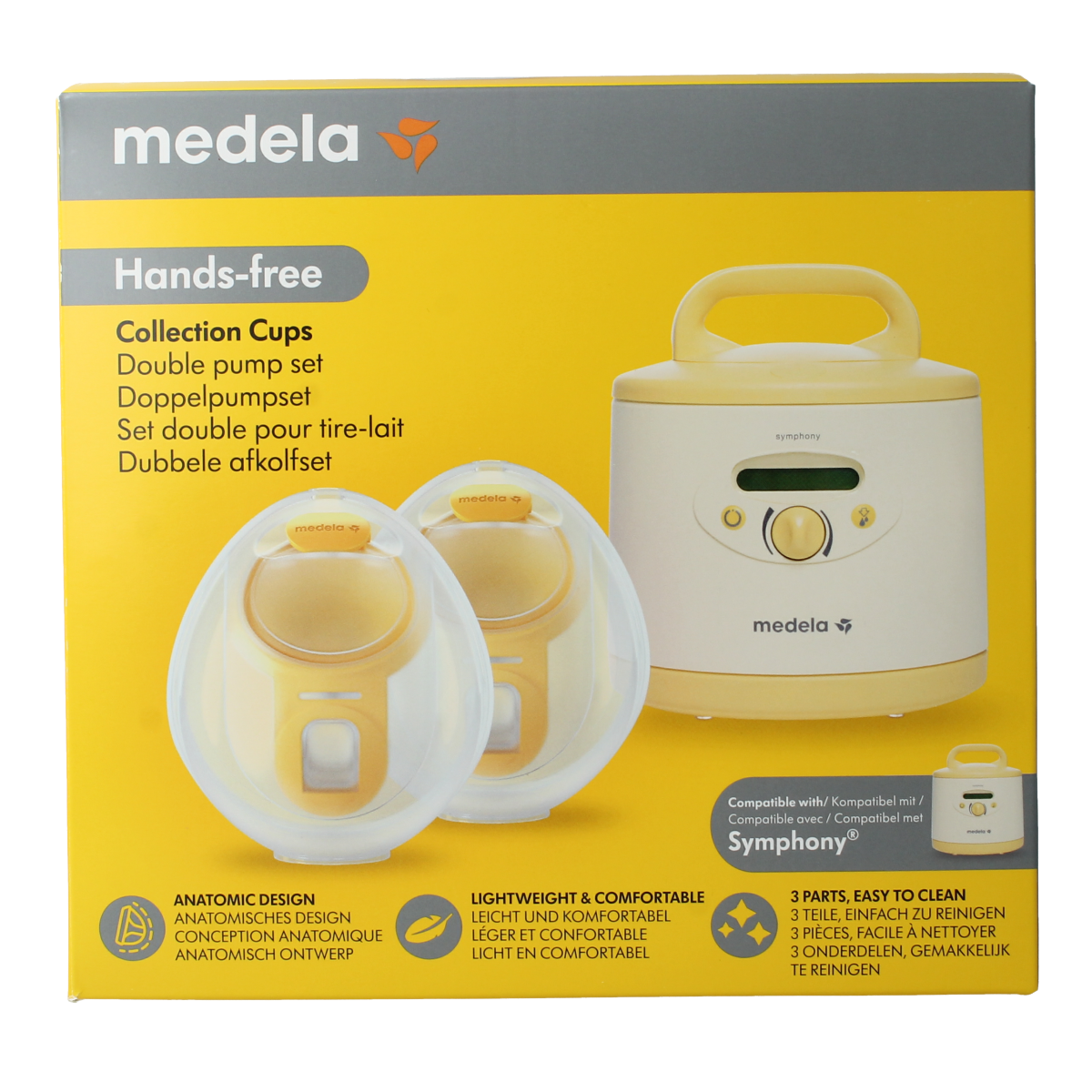Medela handsfree collection cups for Symphony, size M, designed for breastfeeding and milk expression, shown in the image.