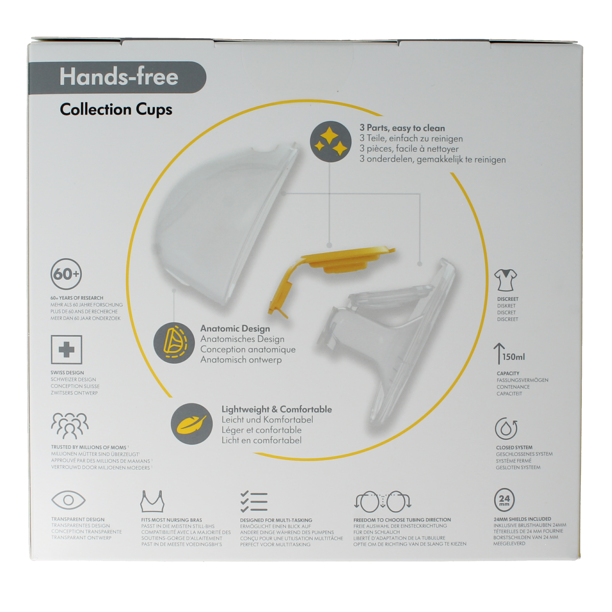 Medela handsfree collection cups for Symphony, size M, used for breastfeeding and milk collection, shown in the image.