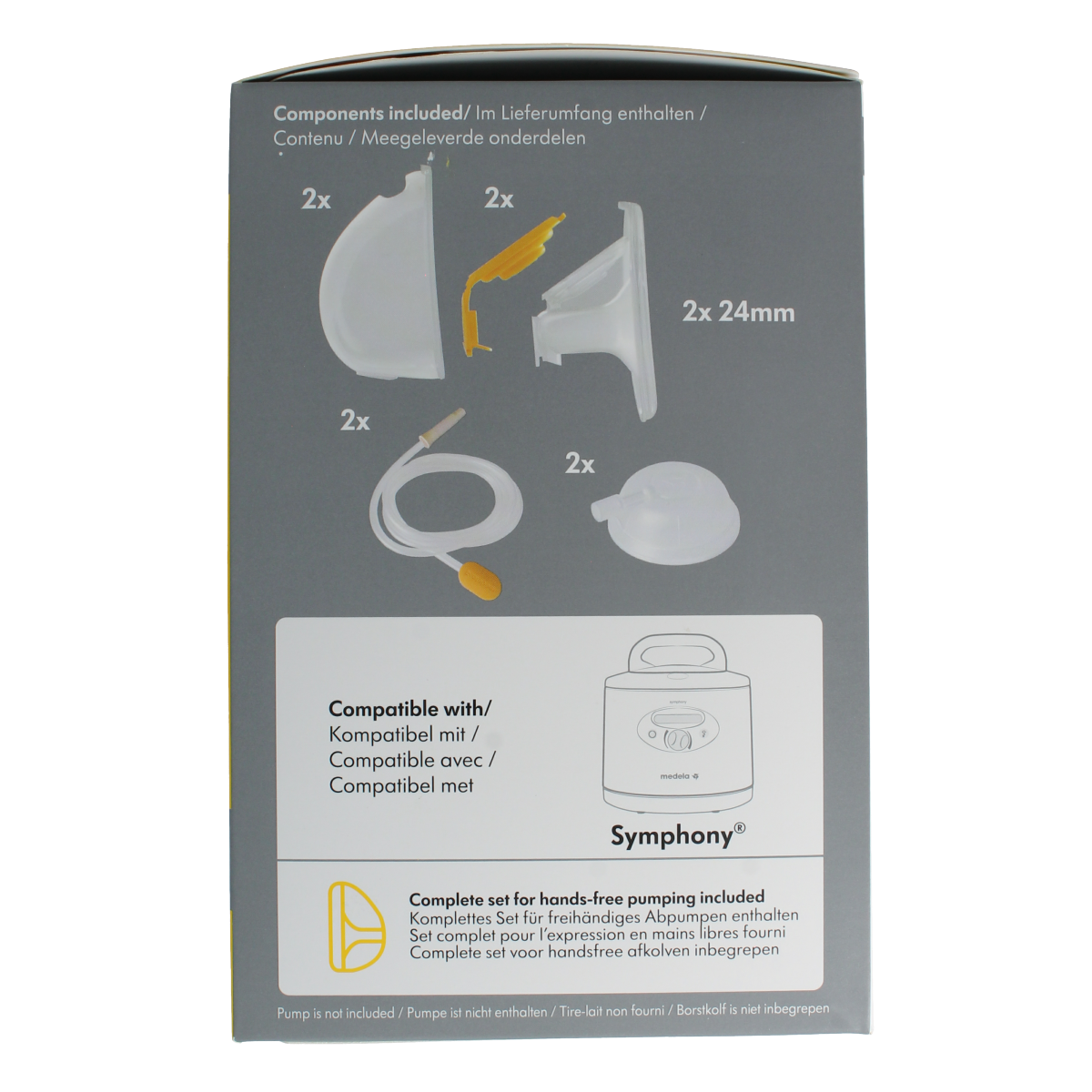 Medela Symphony handsfree collection cups for breastfeeding, size M, designed for mother and child use.