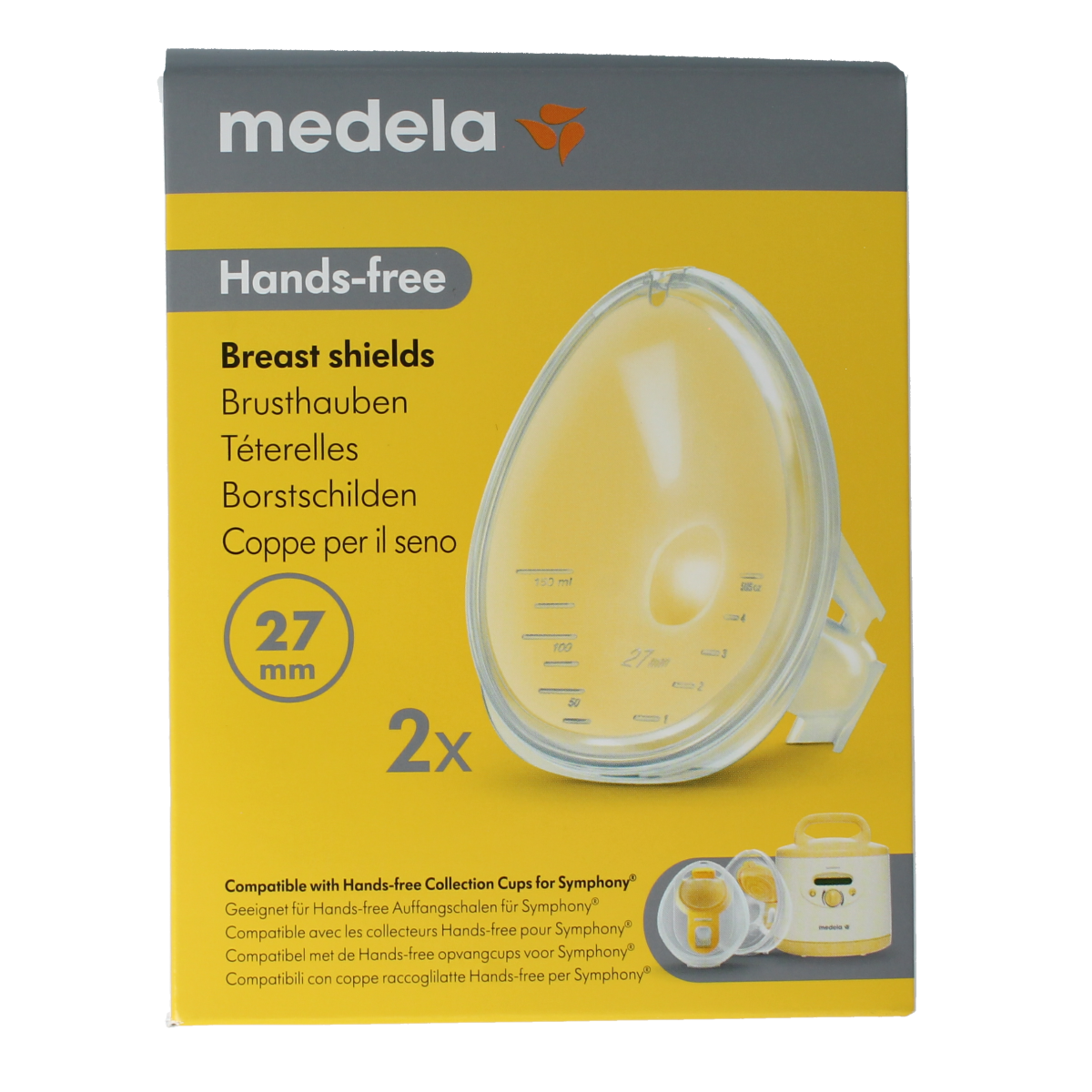 Medela handsfree breastfeeding shield for Symphony, 27mm, designed for mother and baby, shown on white background.