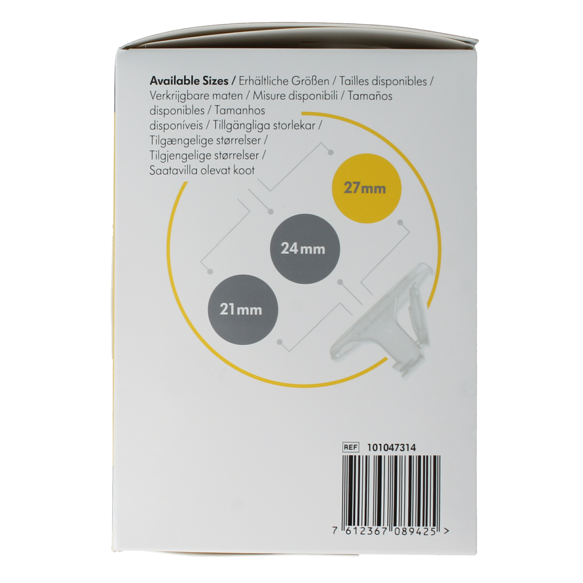 Medela handsfree breastfeeding shield for Symphony pump, 27mm, designed for mother and baby, shown in the image.