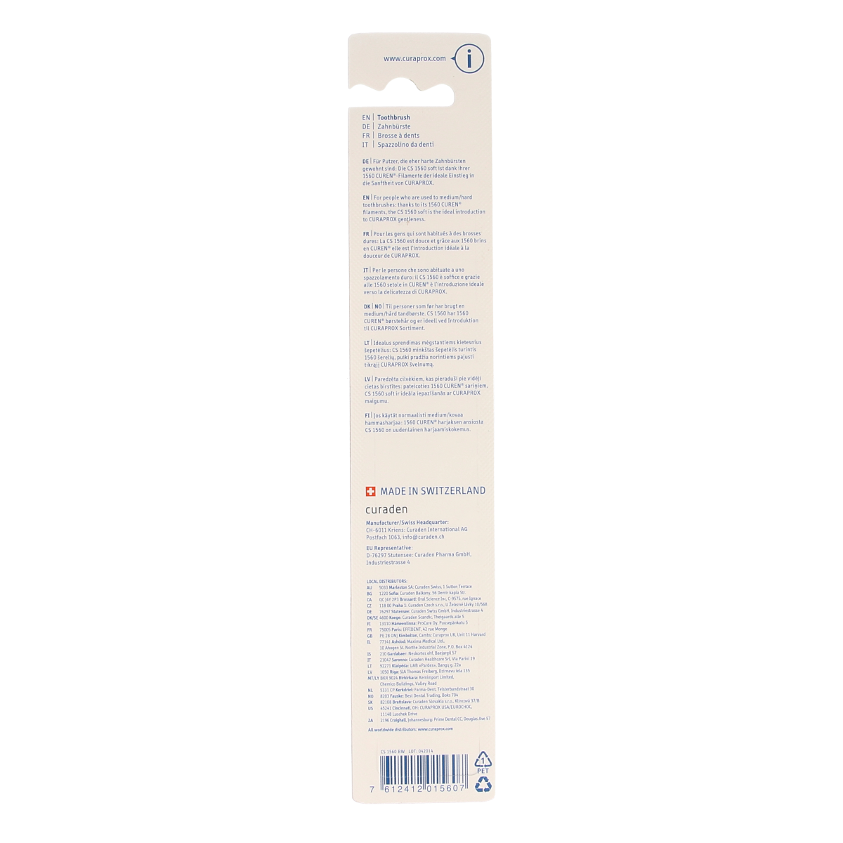 Curaprox CS 1560 soft toothbrush in assorted colors, close-up of the Curaprox brand toothbrush with soft bristles.