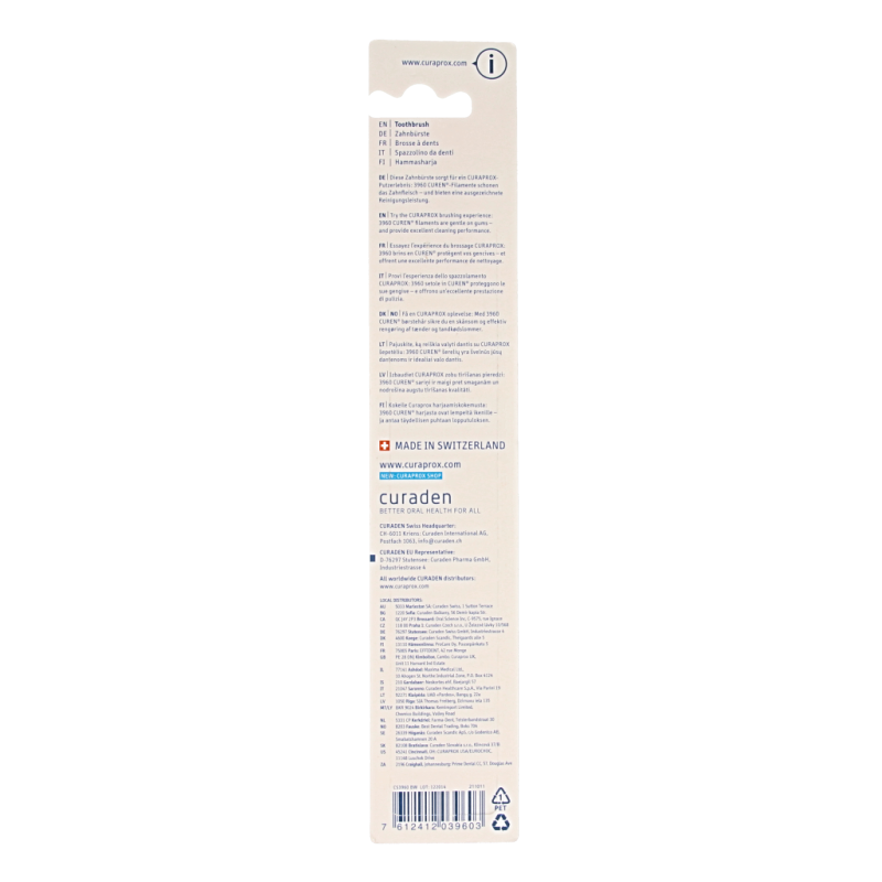 Curaprox CS 3960 super soft toothbrush in assorted colors, designed for gentle cleaning and oral care.