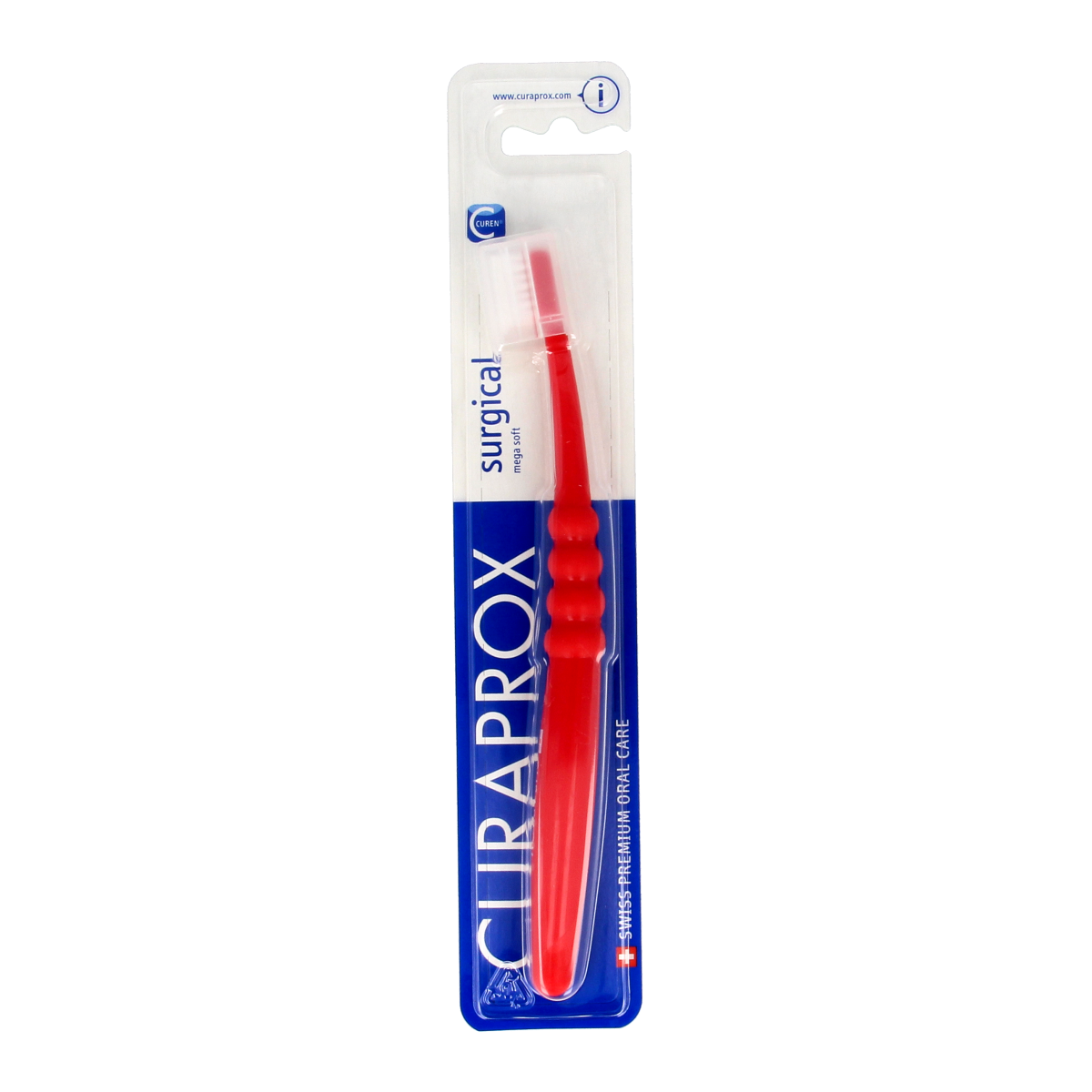 Curaprox CS surgical mega soft toothbrush with white handle and bristles, designed for gentle daily oral care.