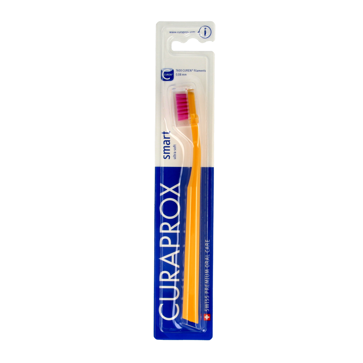 Curaprox CS smart ultra soft toothbrush with white handle and soft bristles, suitable for gentle oral cleaning.