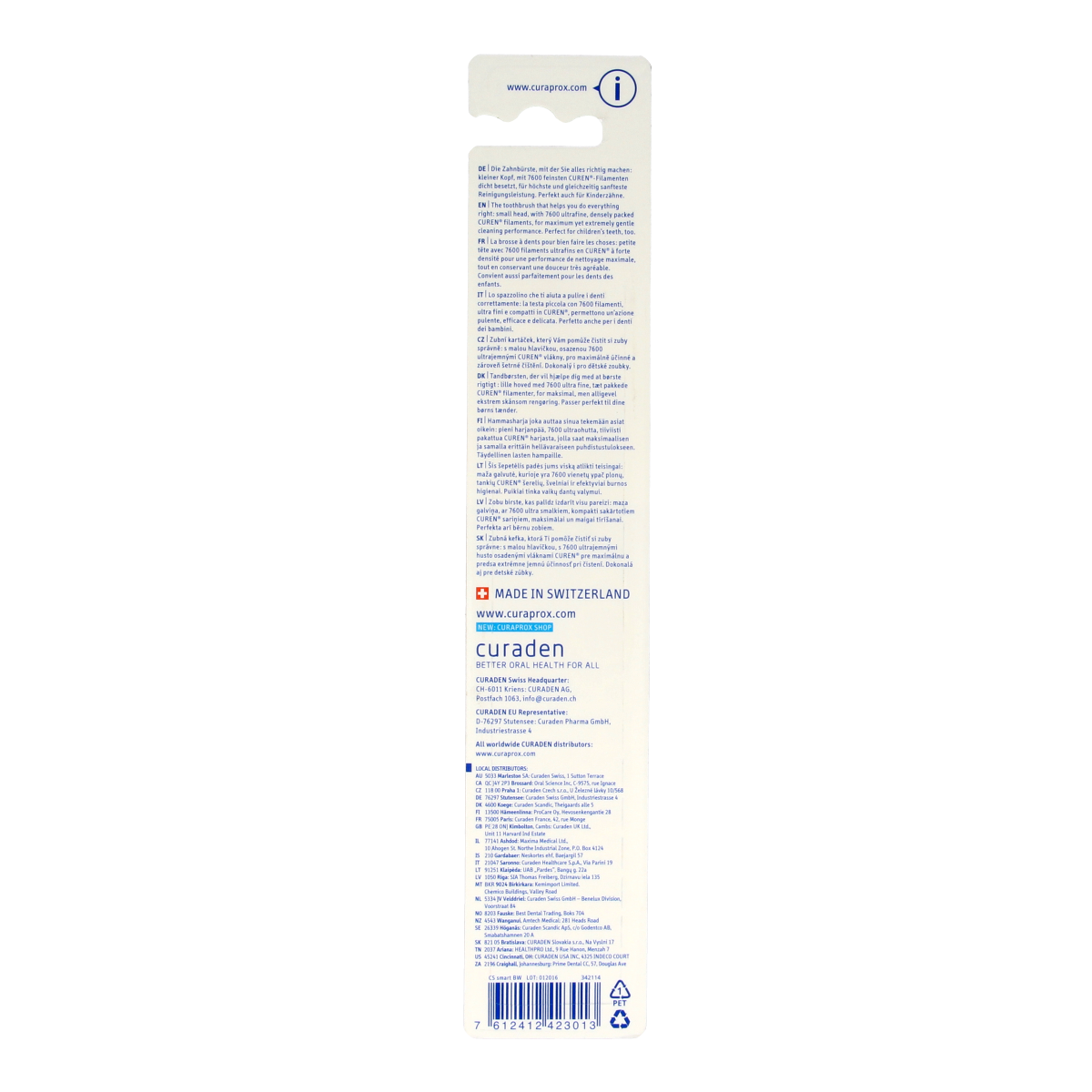 Curaprox CS Smart ultra soft toothbrush with white handle and blue bristles, designed for gentle oral cleaning.