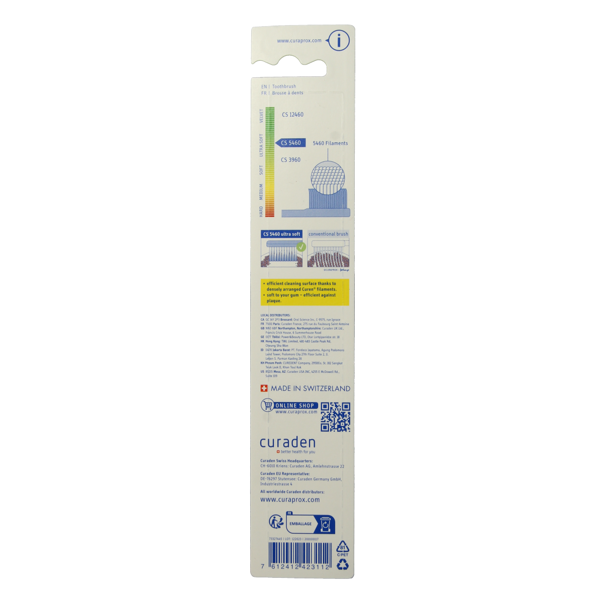 Curaprox CS 5460 ultra soft toothbrush showing soft bristles and ergonomic handle for gentle cleaning.