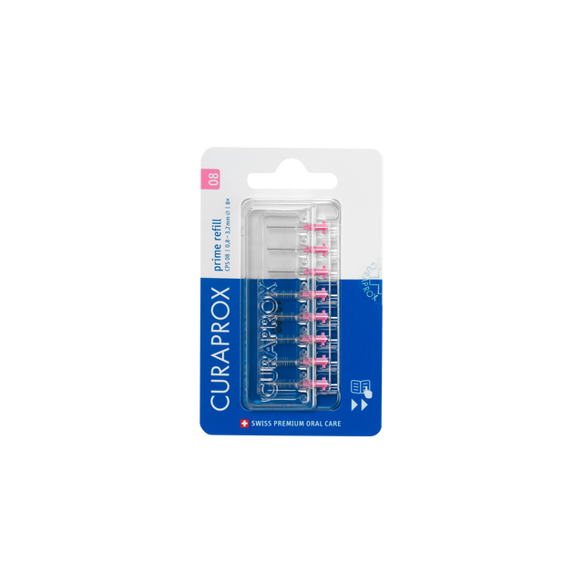 Curaprox CPS 08 Prime interdental brush refill set for oral care, featuring small brush heads for effective cleaning.