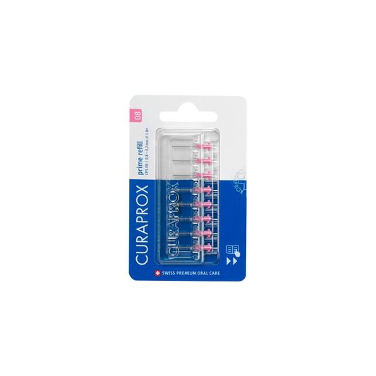 Curaprox CPS 08 Prime interdental brush refill set for oral care, featuring small brush heads for effective cleaning.