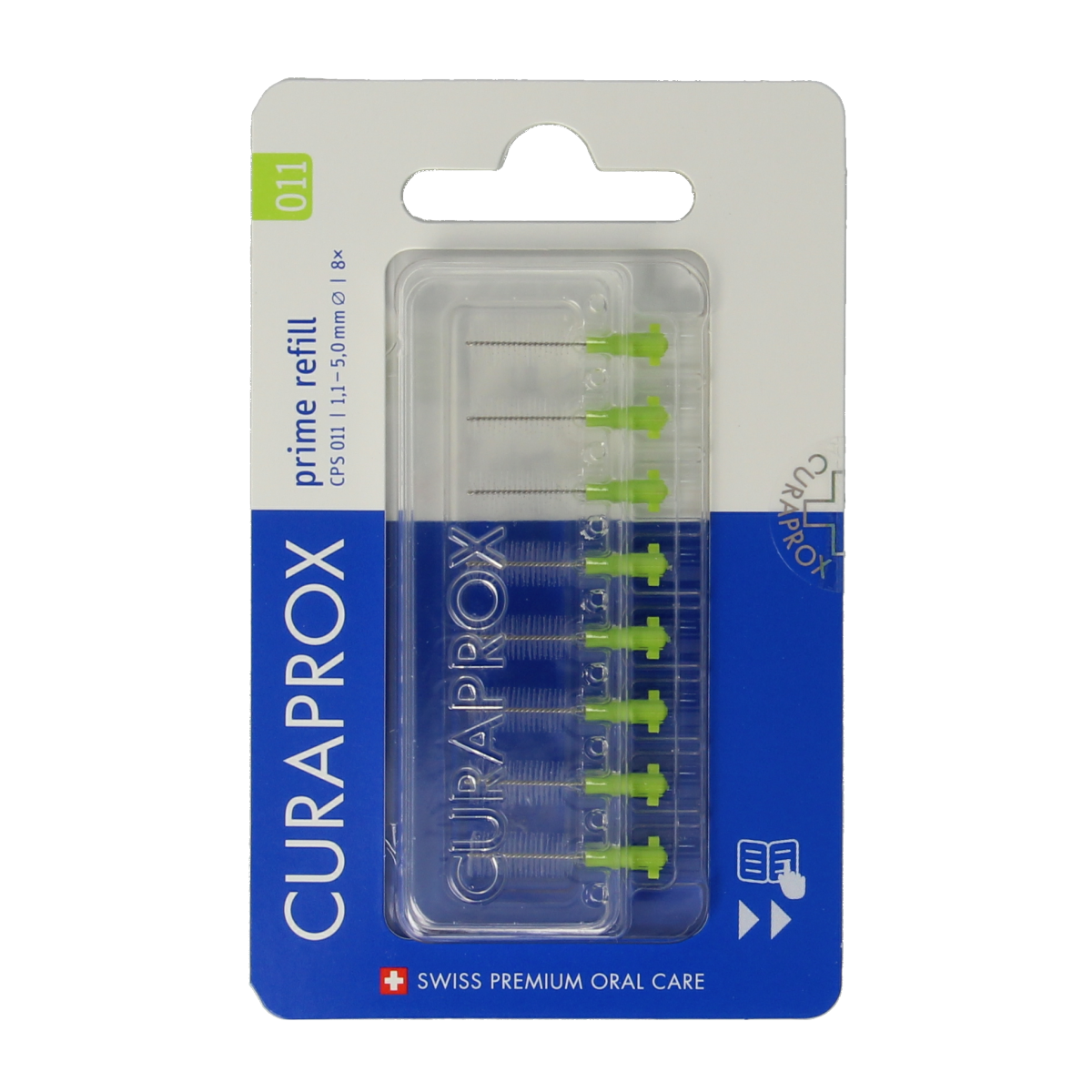 Curaprox CPS 011 prime rager navulling pack with 8 disposable interdental brushes for effective dental cleaning.