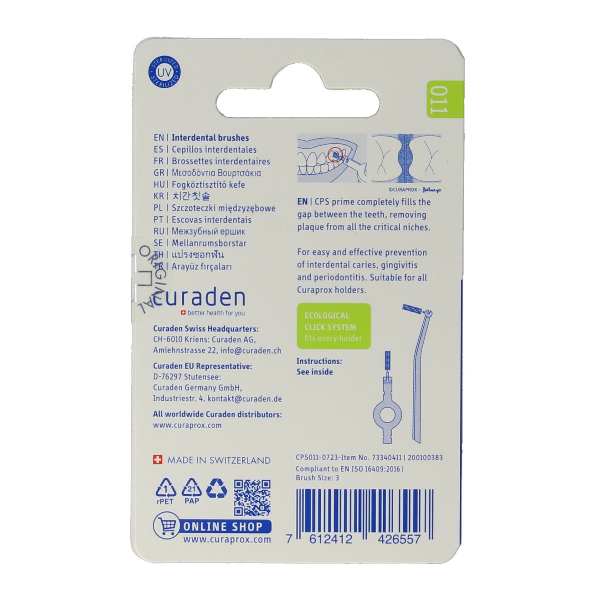 Curaprox CPS 011 prime rager navulling, pack of 8, dental interdental cleaners and pickers for effective plaque removal.