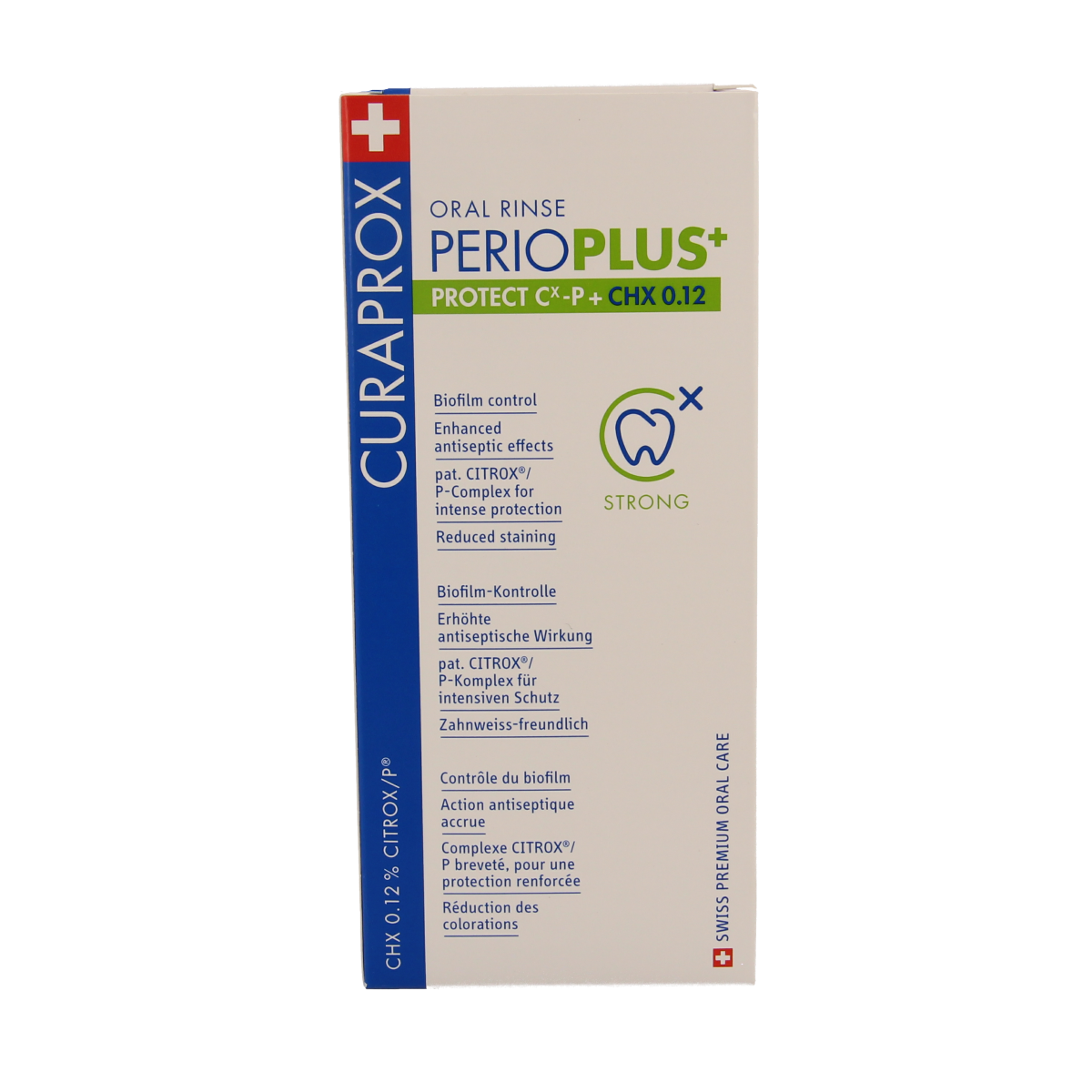 Curaprox Perio plus+ protect CHX 0.12 mouth rinse in a 200ml bottle, antiseptic mondspoelmiddel for oral health.