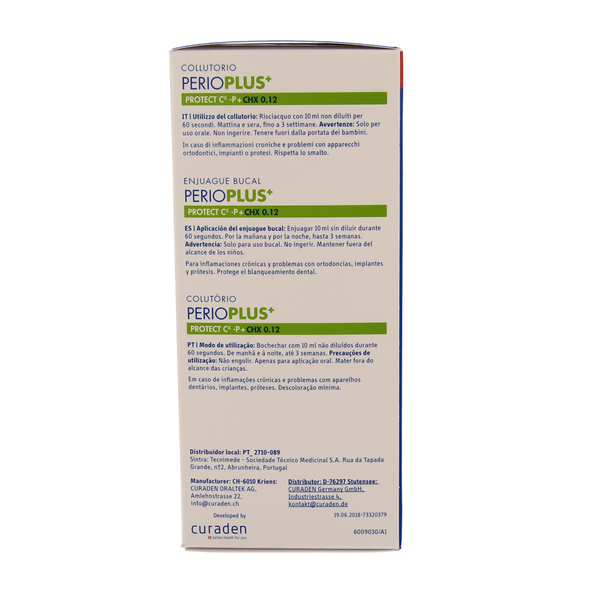 Curaprox Perio plus+ protect CHX 0.12 mouthwash in 200ml bottle, antiseptic oral rinse for gum health and fresh breath.
