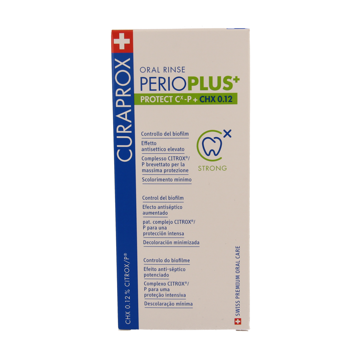 Curaprox Perio Plus+ Protect CHX 0.12 mouthwash in 200ml bottle, antiseptic oral rinse for gum health and oral hygiene.