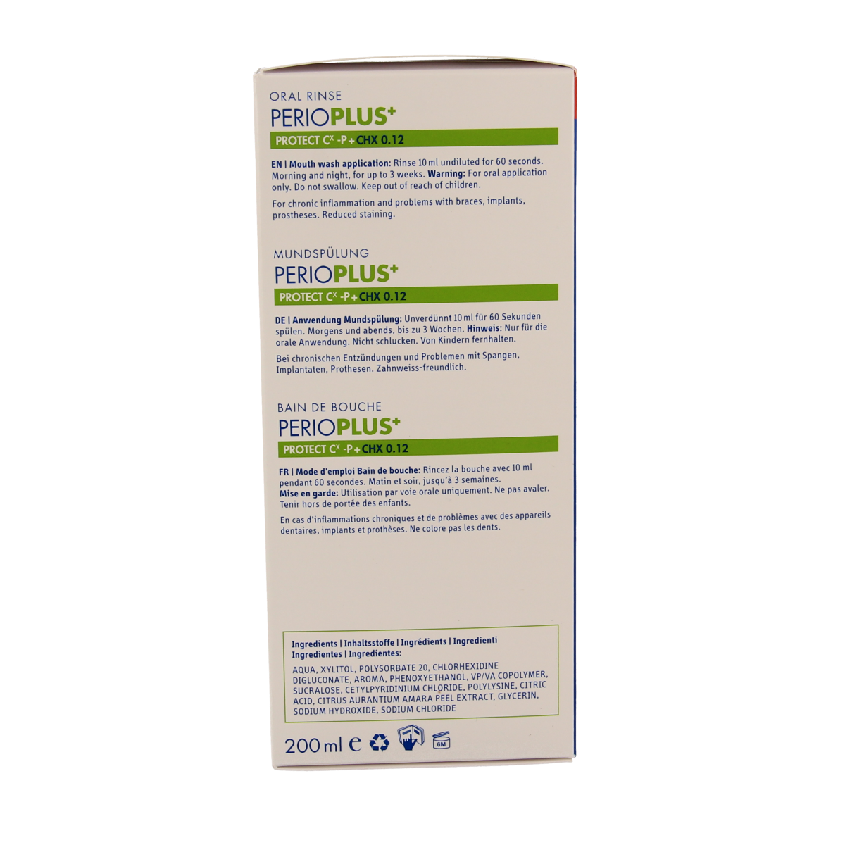 Curaprox Perio plus+ protect CHX 0.12 mouth rinse in a 200ml bottle, antiseptic oral care product with mouthwash formulation.