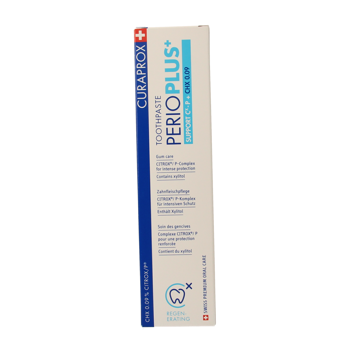 Curaprox Perio plus+ support CHX 0.09 toothpaste in 75ml tube, designed for oral hygiene and gum health.