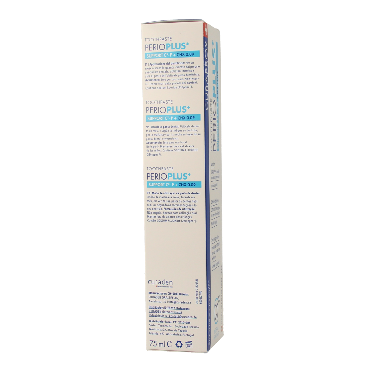 Curaprox Perio plus+ support CHX 0.09 toothpaste in a 75ml tube showing the packaging and branding.