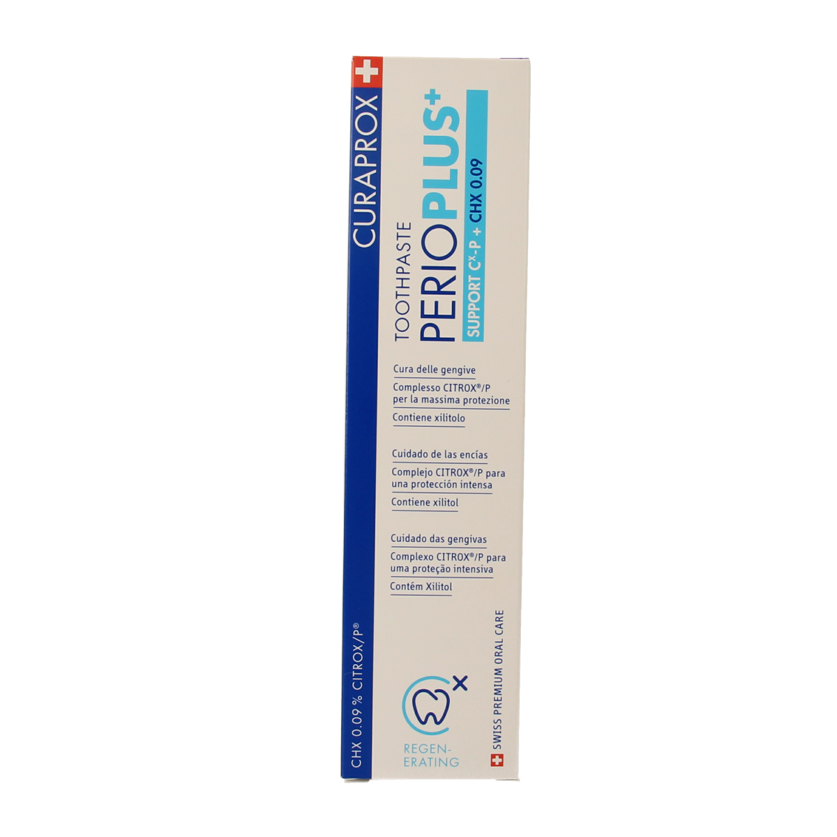 Curaprox Perio plus+ support CHX 0.09 toothpaste in 75ml tube, designed for oral health and gum support.
