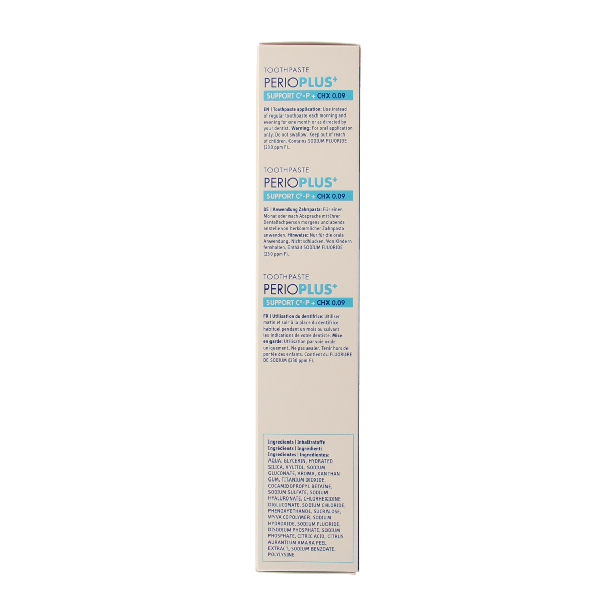 Curaprox Perio plus+ support CHX 0.09 toothpaste in 75ml tube, designed for oral hygiene and gum health.