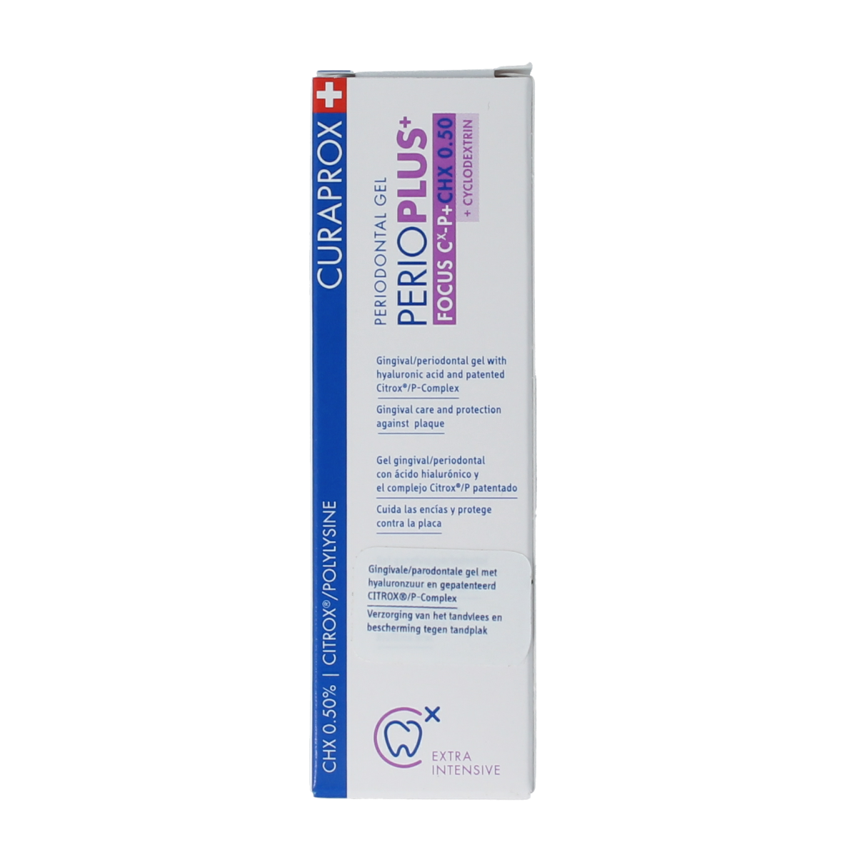 Curaprox Perio plus+ focus gel CHX 0.50% dental toothpaste in a 10ml tube, designed for oral hygiene and gum health.