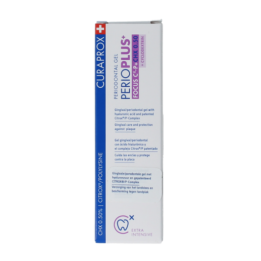 Curaprox Perio plus+ focus gel CHX 0.50% dental toothpaste in a 10ml tube, designed for oral hygiene and gum health.