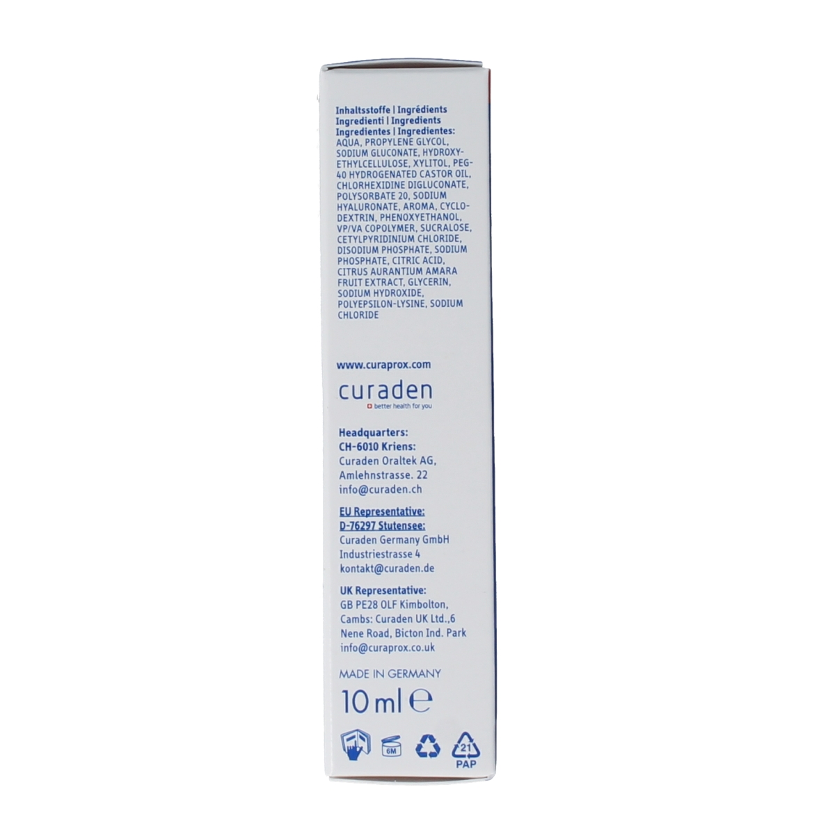 Curaprox Perio plus+ focus gel CHX 0.50 toothpaste in 10ml tube, designed for oral hygiene and gum health.