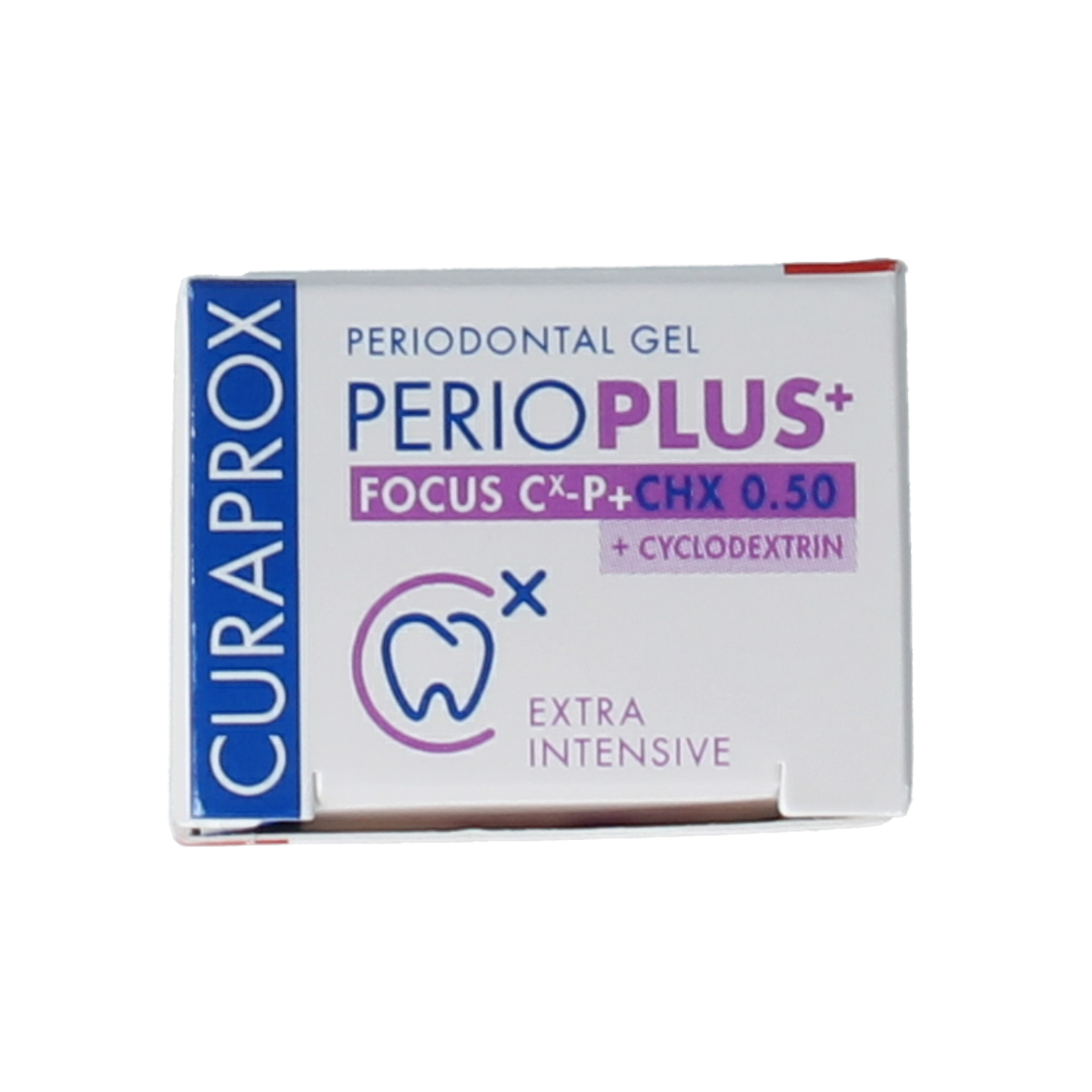 Curaprox Perio plus+ focus gel CHX 0.50% dental toothpaste in a 10ml tube, designed for oral hygiene and gum health.