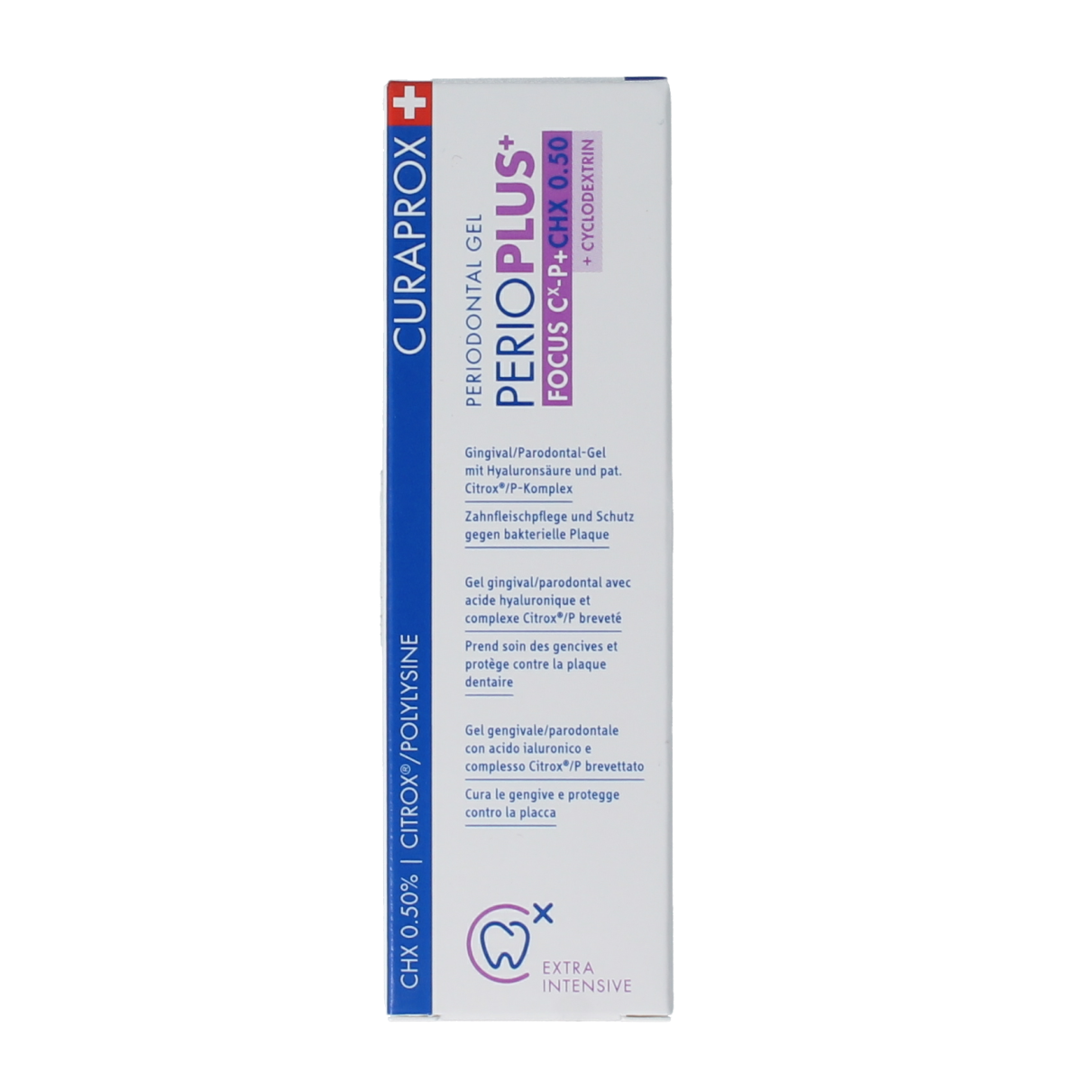 Curaprox Perio plus+ focus gel CHX 0.50 toothpaste in 10ml tube, designed for oral hygiene and gum health.