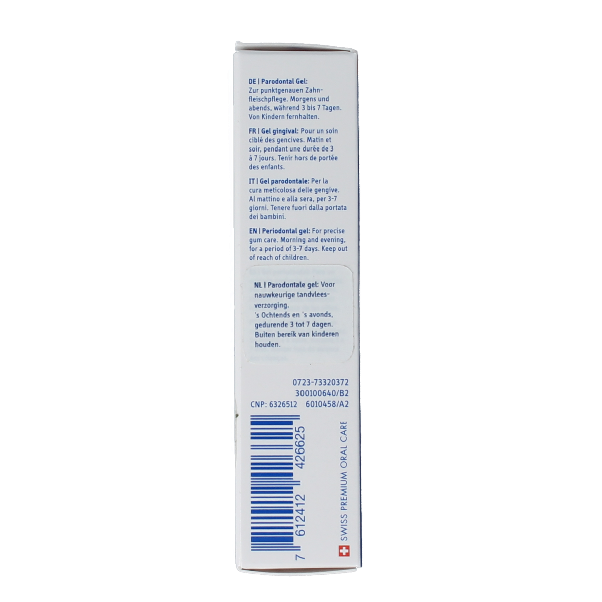Curaprox Perio plus+ focus gel CHX 0.50 toothpaste in 10ml tube, designed for periodontal health and oral hygiene.