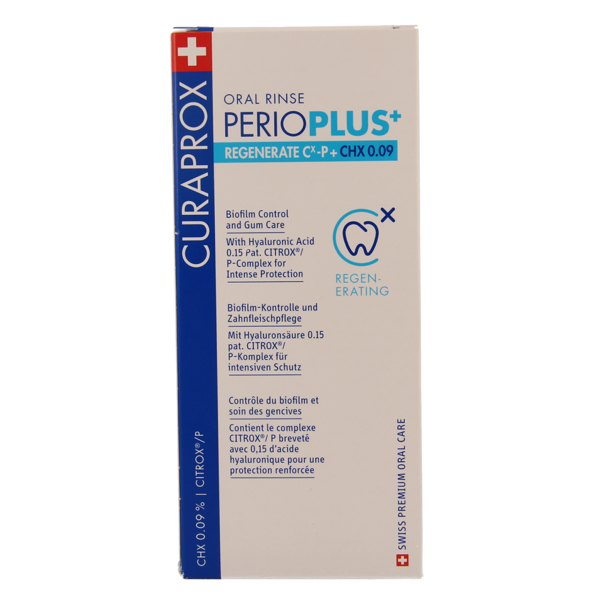 Curaprox Perio plus+ regenerate CHX 0.09 mouthwash in 200ml bottle, antiseptic oral rinse for gum health.