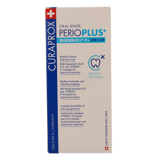 Curaprox Perio plus+ regenerate CHX 0.09 mouthwash in 200ml bottle, antiseptic oral rinse for gum health.