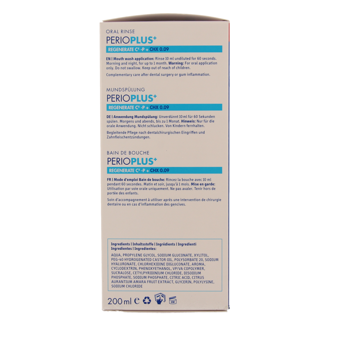 Curaprox Perio plus+ regenerate CHX mouth rinse in a 200ml bottle, antiseptic mouthwash for oral health care.