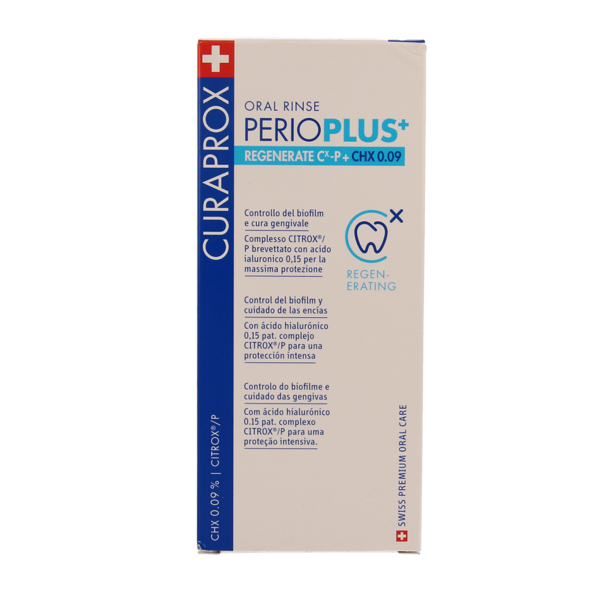 Curaprox Perio plus+ regenerate CHX 0.09 mouthwash in a 200ml bottle, used for oral care and gum health.